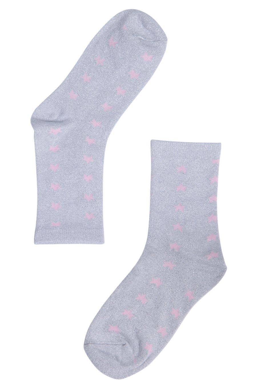 Silver/Pink Star Glitter Socks