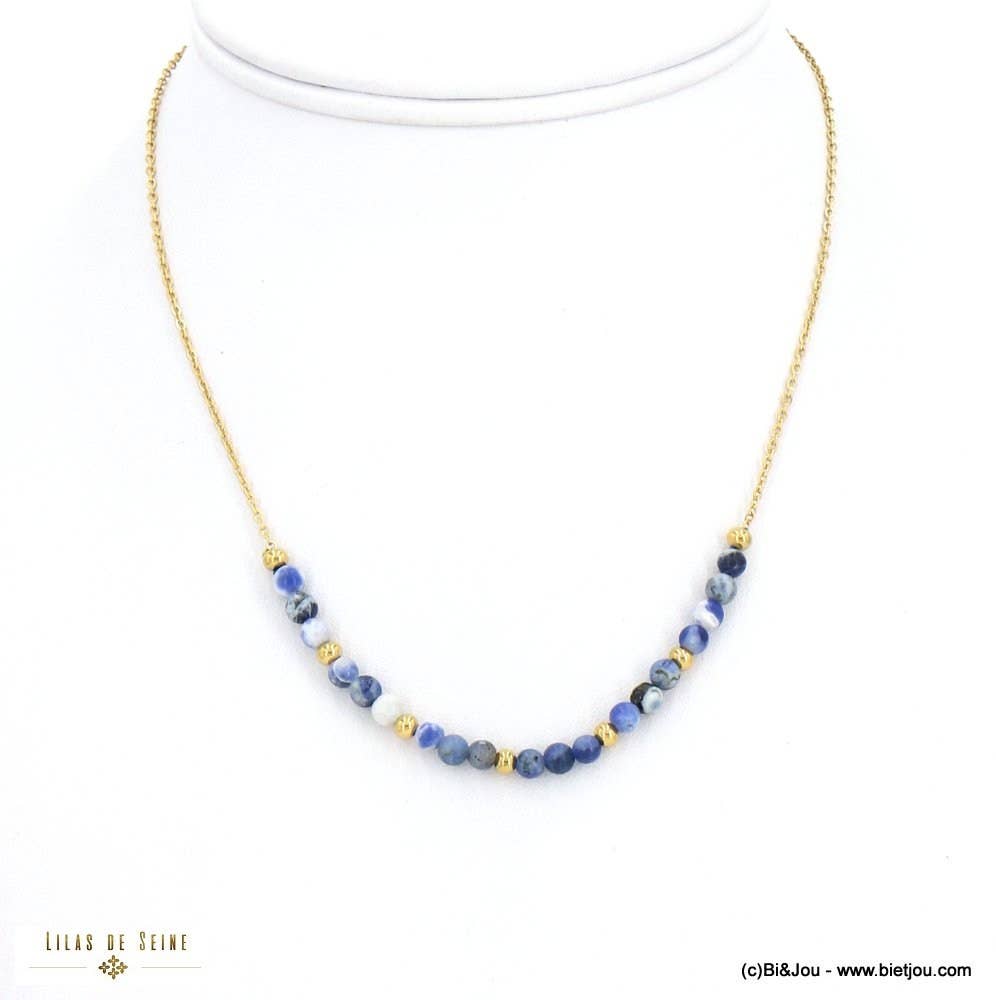 Stainless steel fine stone bead chain necklace 0121564: Dark blue