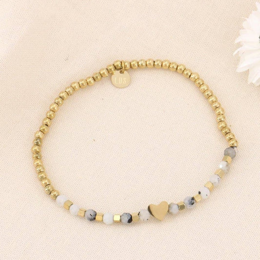 gold and grey bead bracelet with heart