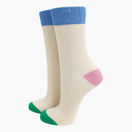 Cream/Blue Colour Burst Glitter Socks