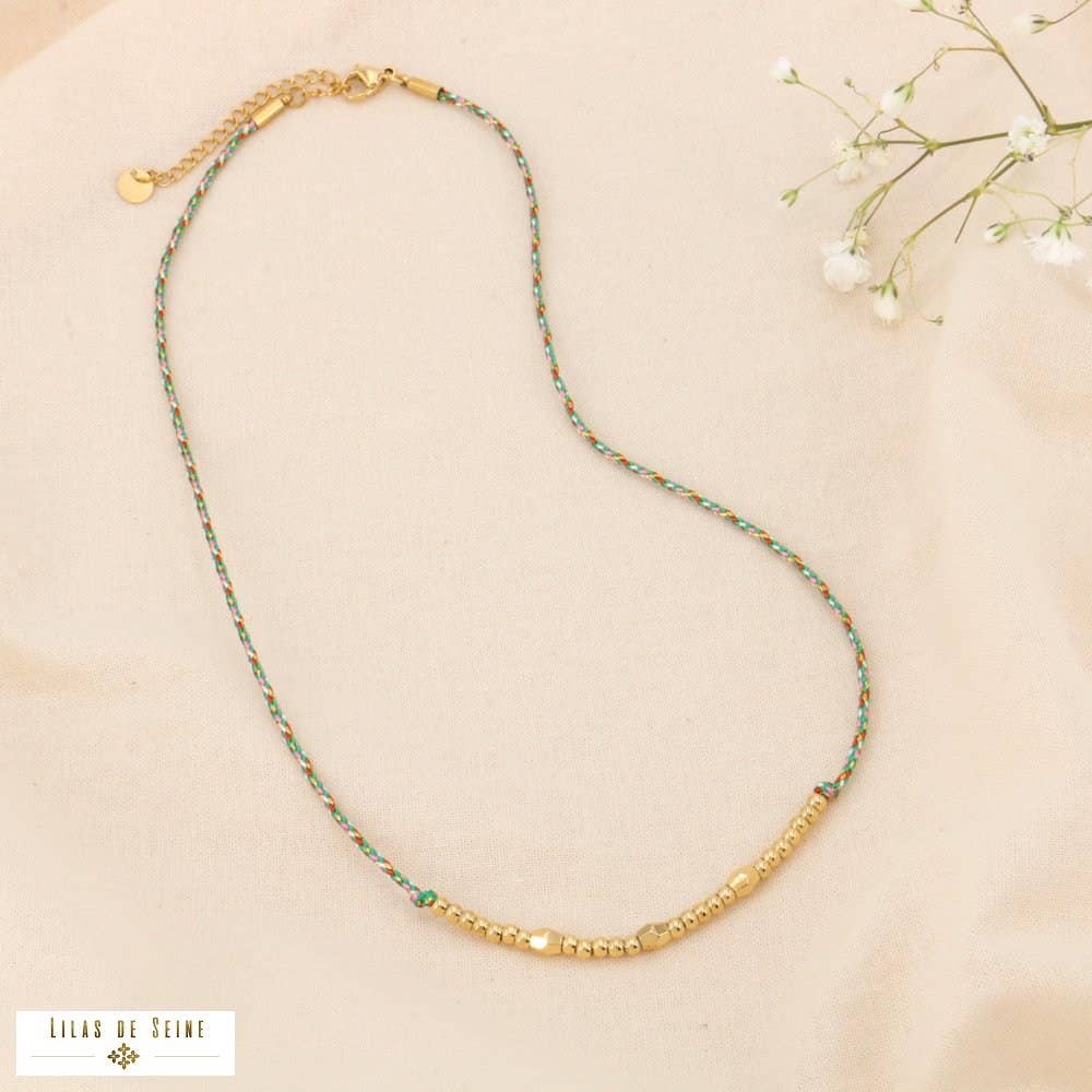 Coloured braided cord necklace metal. steel beads 0124068: Khaki green