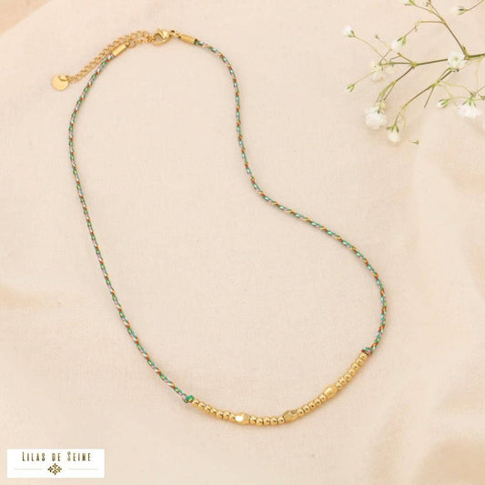 Coloured braided cord necklace metal. steel beads 0124068: Khaki green