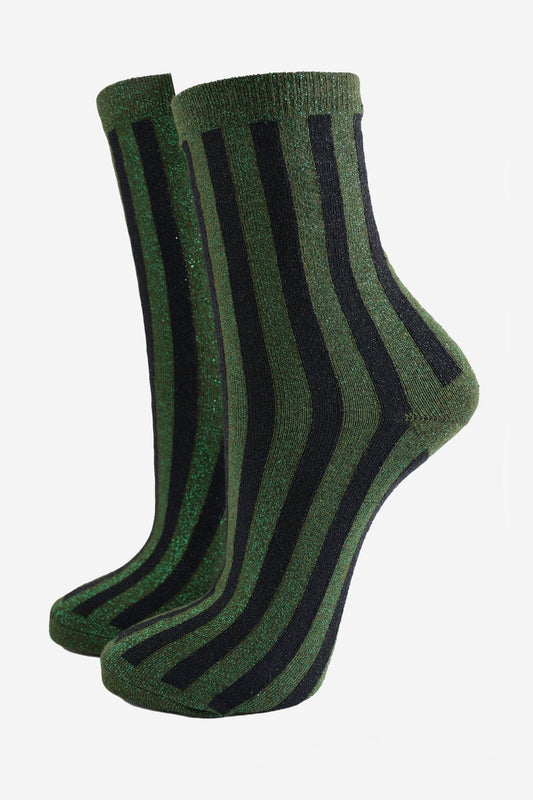 Khaki/Black Vertical Stripe Glitter Socks