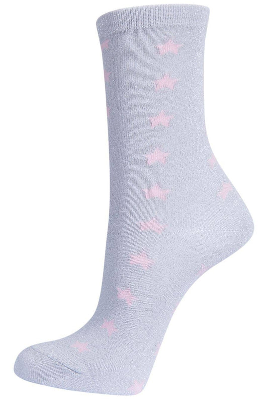 Silver/Pink Star Glitter Socks