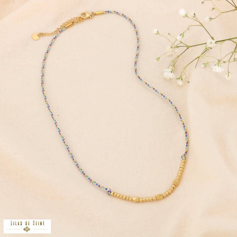 Coloured braided cord necklace metal. steel beads 0124068: Khaki green