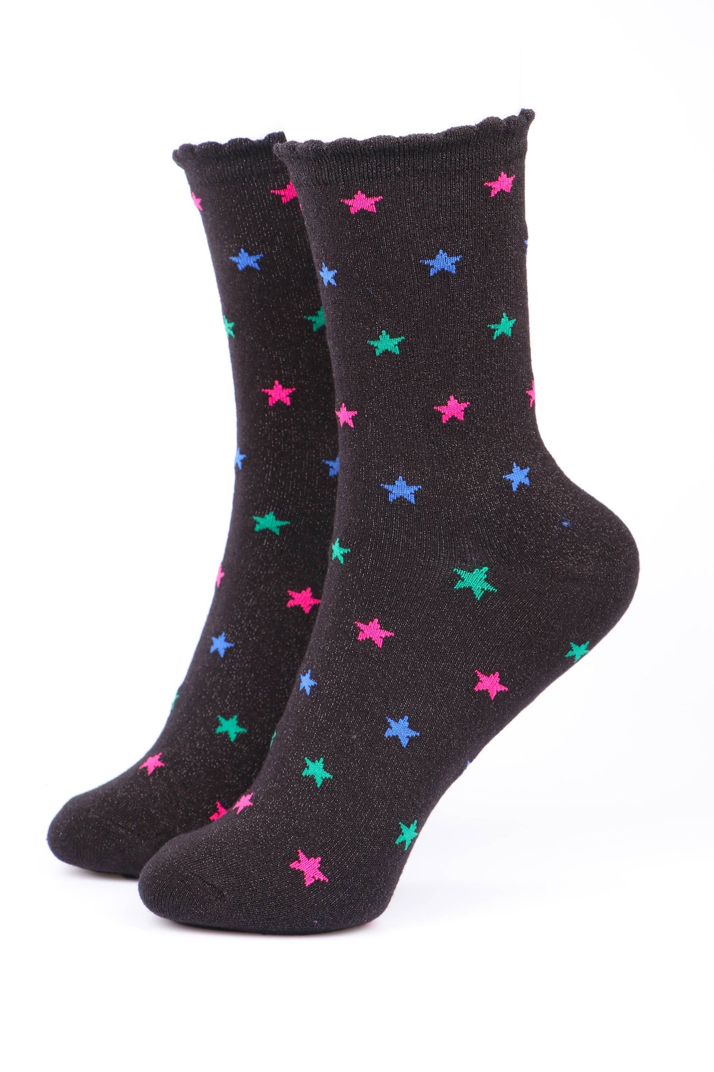 Black Multi Star Print Glitter Socks