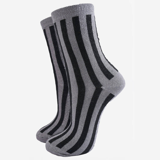 Grey/Black Vertical Stripe Glitter Socks