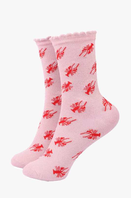 Light Pink Red Lobster Glitter Socks