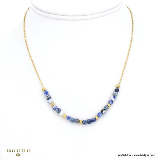 Stainless steel fine stone bead chain necklace 0121564: Dark blue